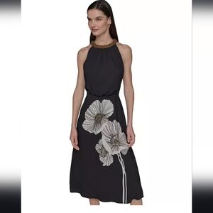 Karl Lagerfeld Black Midi Dress with White Floral Accents